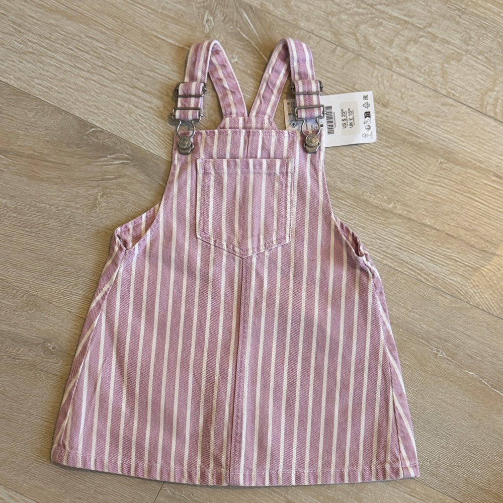 Zara Pink and White Striped Overall Dress
